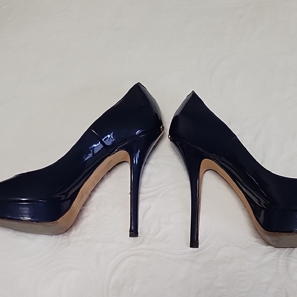 Blue Patent Leather Peep-Toe Heels - Picture 5 of 9